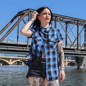 DIXXON Blue and Black Plaid Short Sleeve Button-Down Shirt